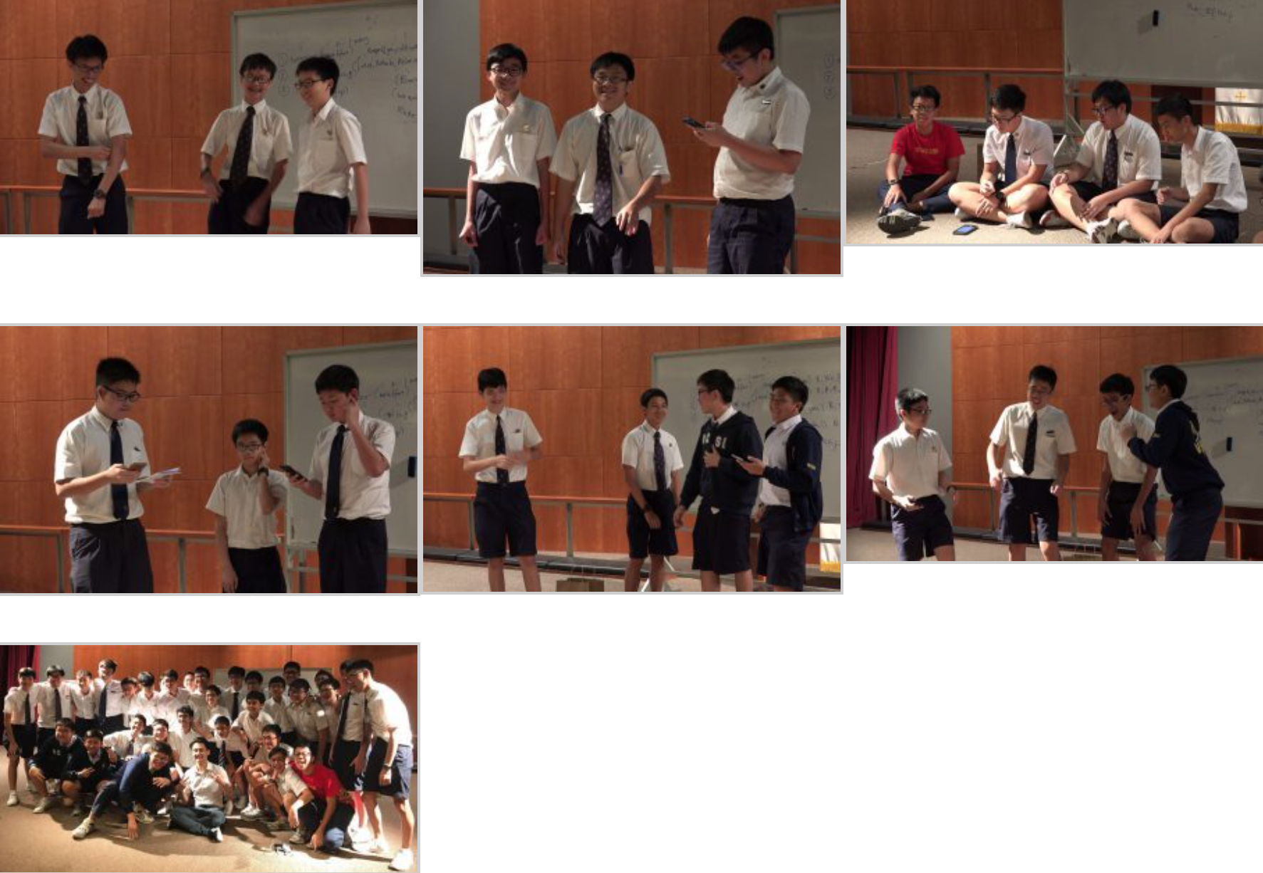 Seven photos show male students in white shirts and dark ties standing, sitting, and posing together in a school hall.